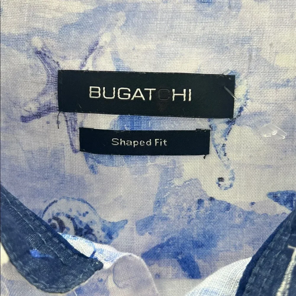 Bugatchi Shaped Fit Men's Linen Blue Sea Life Short Sleeve Shirt